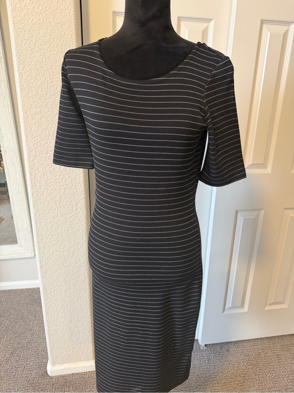 Shabby Apple Black Dress with Gray Pinstripes - Midi Sheath